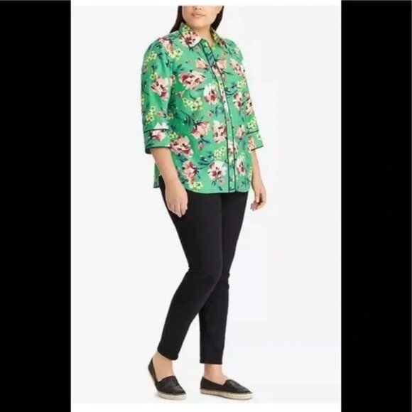 Lauren Ralph Lauren Green Floral 3/4 Sleeve Blouse Top XL Feminine! - Picture 1 of 9